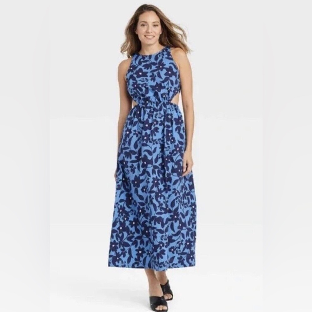 {Who What Wear} Blue Floral Sleeveless Maxi Dress